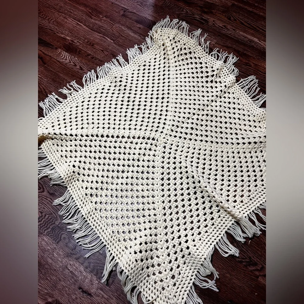 Handmade Baby Afghan Knit Crochet 32x 32 yellow with Fringe Blanket Throw